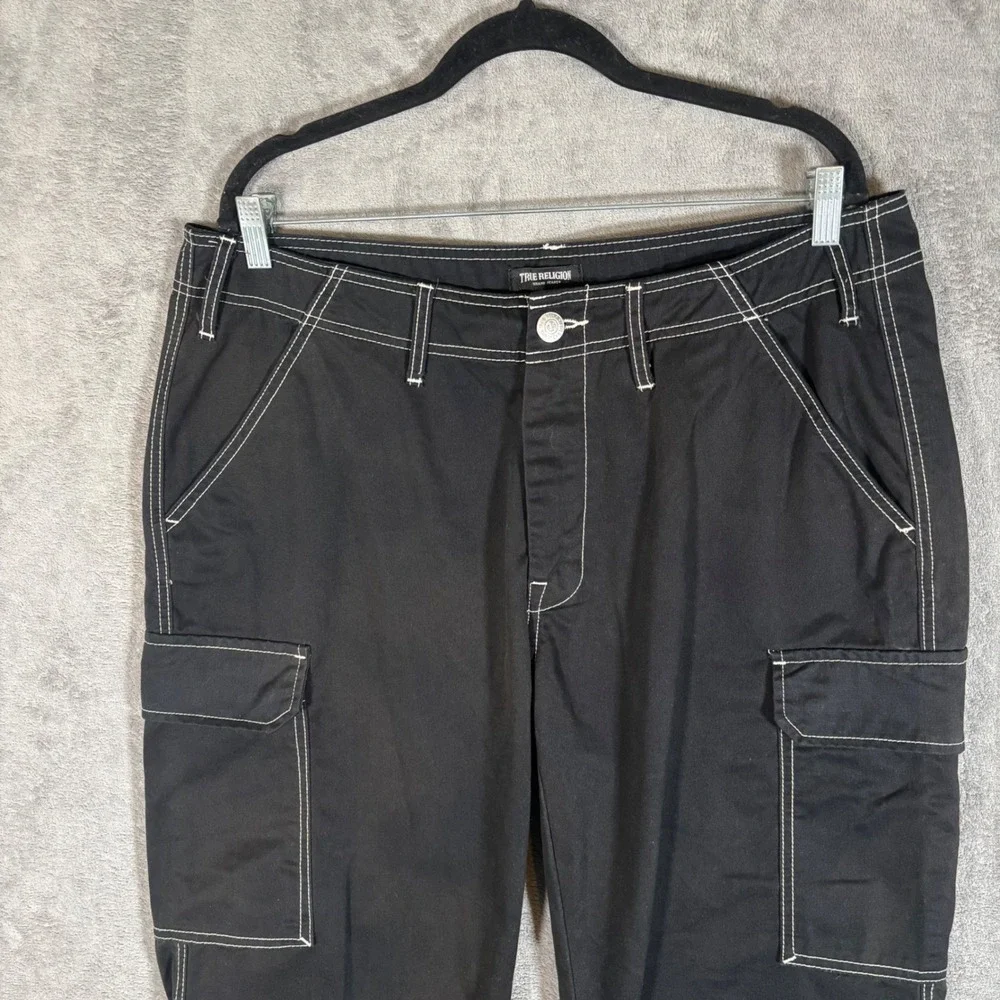 True Religion Mens Black White Contrast Stitch Cargo Pants 36x31 Rave Goth Y2K